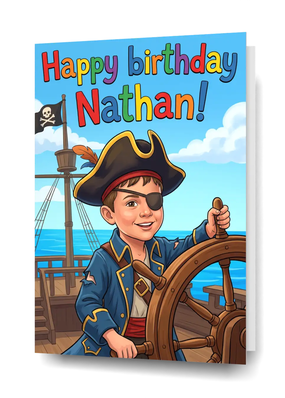 A pirate birthday card personalized from the boy's photo