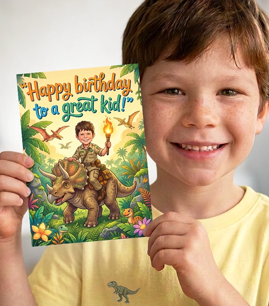 Boy holding a custom dinosaur card