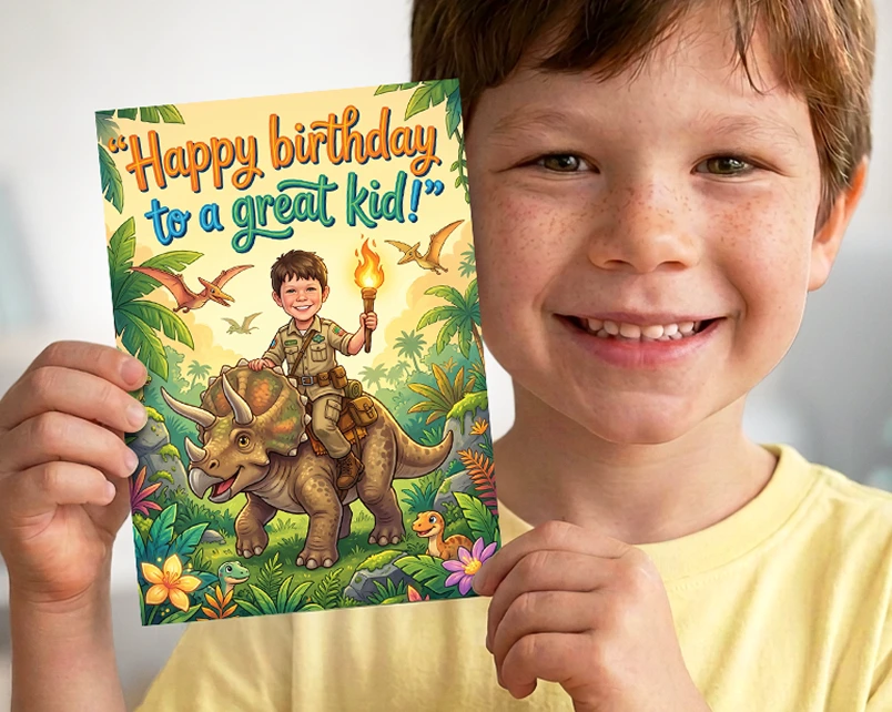 Boy holding a custom dinosaur card