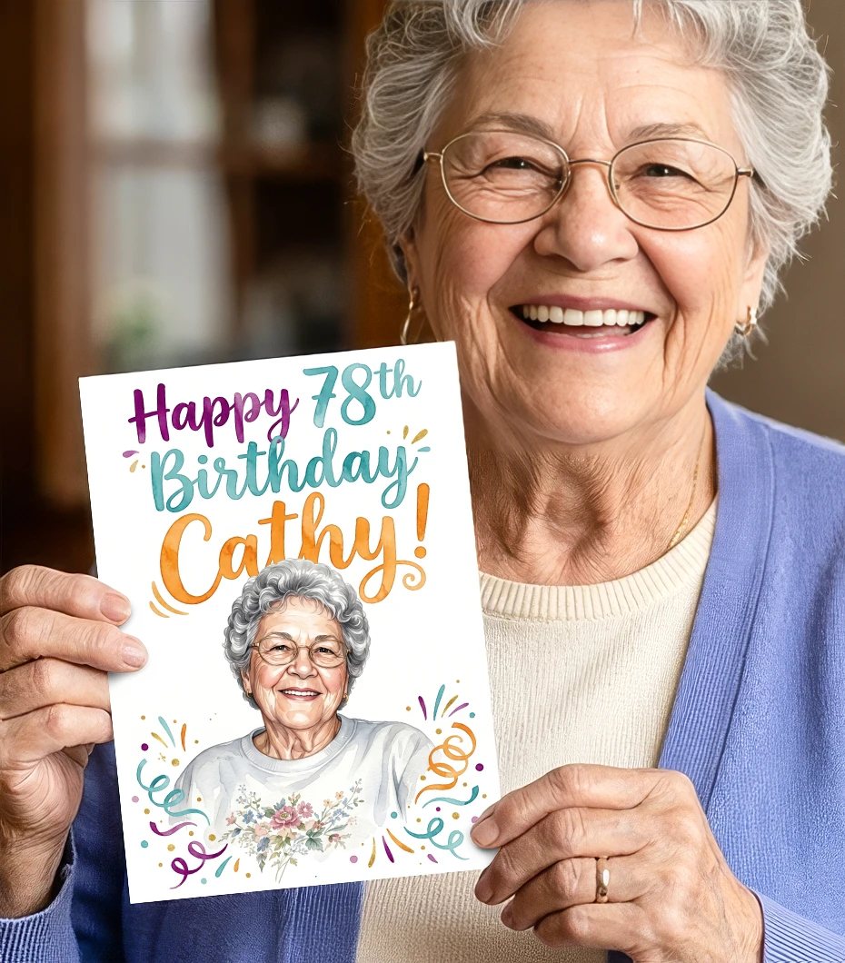 Woman holding a custom birthday card