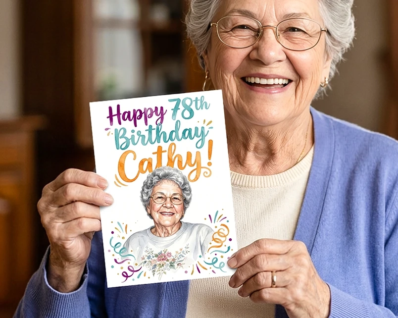 Woman holding a custom birthday card